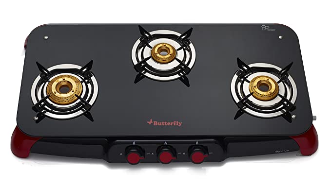 Butterfly Signature Glass Top 3 Burner Gas Stove, Manual Ignition, Black/Red Butterfly Signature Glass Top 3 Burner Gas Stove, Manual Ignition, Black/Red